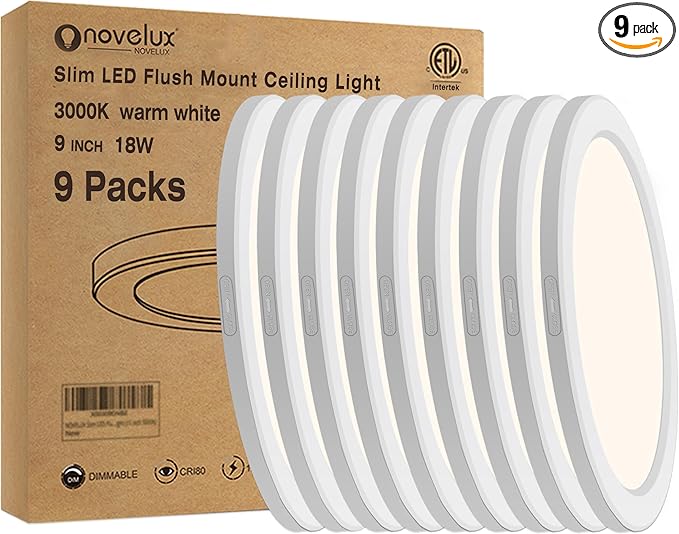 Flush Mount Ceiling Light Fixture - ETL Certified - 9 Inch Dimmable 3000K Warm White LED, 0.63'' Ultra Thin Round Design for Bedroom, Bathroom, Kitchen, Hallway, Basement, Closet (9-Pack)‌