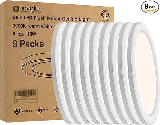 Flush Mount Ceiling Light Fixture - ETL Certified - 9 Inch Dimmable 3000K Warm White LED, 0.63'' Ultra Thin Round Design for Bedroom, Bathroom, Kitchen, Hallway, Basement, Closet (9-Pack)‌
