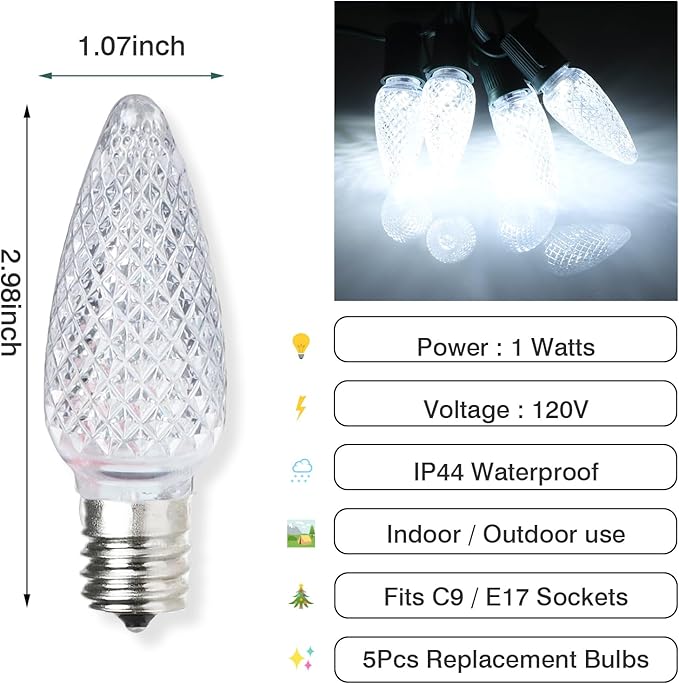 5PCS C9 LED Christmas Light Bulbs - C9 led Bulbs with E17 Base Sockets Replacement Bulbs for Outdoor String Lights - Commercial Grade Warm White