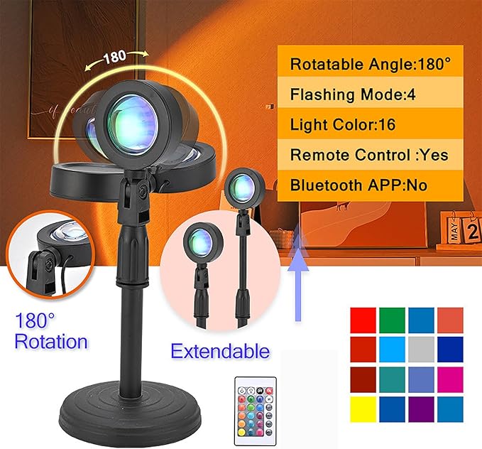 Sunset Table Lamp Projector with Remote, 16 Colors Adjustable 180° Rotation Sunlight with 4 Lighting Modes, USB Charging LED Night Light for Bedroom, Living Room, Photo Selfie Party, Photography