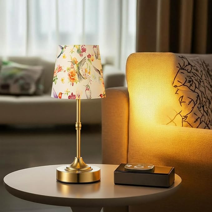 Cordless Table Lamp for Bedroom Bedside Bird Floral Linen Lampshade with Rechargeable Table Lamp Hummingbird Flower Desk Light for Farmhouse Boho Vintage Nightstand Living Room Home Decor