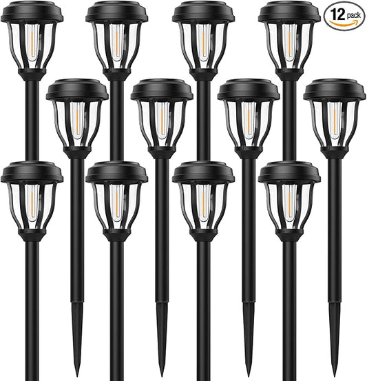 DERAYSION 12 Pack Solar Lights Outdoor, Solar Pathway Lights Auto On/Off Waterproof Garden Landscape Lighting for Path, Yard, Walkway, Driveway, Cold White