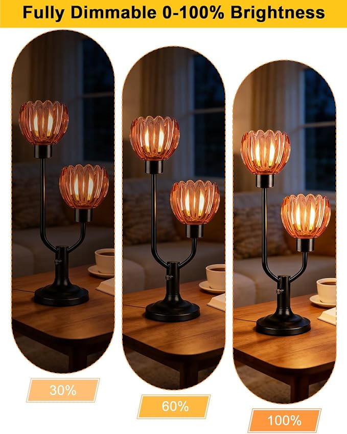 Lightdot Mid Century Modern Glass Table Lamp Black Dimmable U-Shaped Desk Lamps with Deep Red Lotus Glass Shade& 2Pcs 3000K Warmwhite Bulbs Included Bedside Nightstand Lamp for Living Room Bedroom