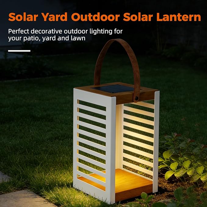 Solar Yard Outdoor Solar Lanterns, Solar Lamp Decorative Outdoor Water-Resistant Steel Table Decor with Handle for Patio, Yard, Porch, Small White