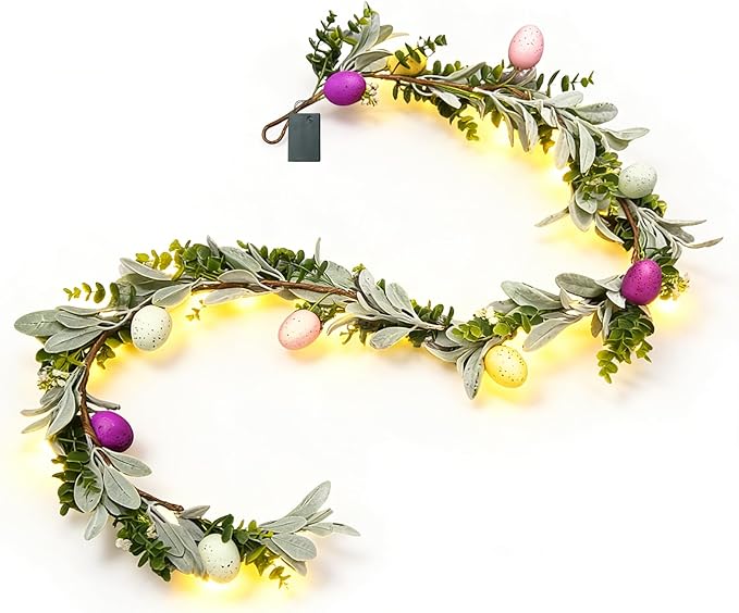 6FT Easter Egg Garlands with Lights for Mantle Artificial Colorful Spring Floral Eucalyptus Garland with LED 3 AA Battery Powered for Home Decoration Indoor Outdoor