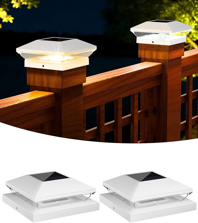 T-SUN Solar Post Cap Lights Outdoor 2 Pack, 2 Modes LED Fence Post Solar Lights Fit for 4x4 5x5 6x6 Vinyl/Wooden Posts, Waterproof Deck Post Lights Solar Powered for Garden Patio Gate Porch