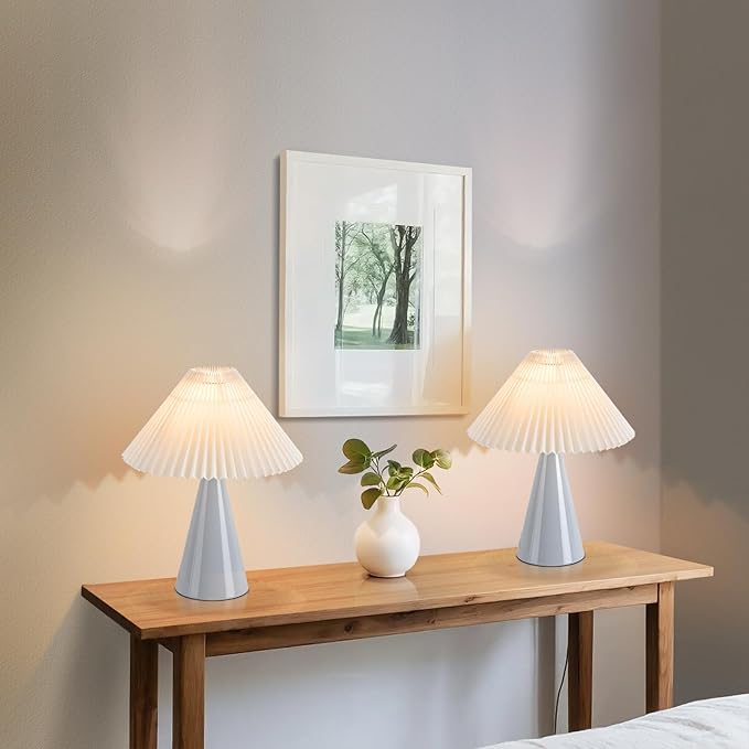 Light Blue Small Table Lamp, Cute Table Lamp, Pleated Table Lamp,Light Blue Bedroom Lamps for Nightstand, Small Scalloped Lamp Shade Table Lamps for Small Spaces for Bedroom,Living Room