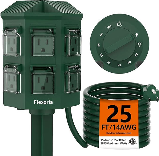 Outdoor Power Strip Timer Waterproof, Dusk to Dawn Light Sensor Countdown, 25 Feet Extension Cord, 6 Grounded Outlets for Christmas Decorations, ETL Listed