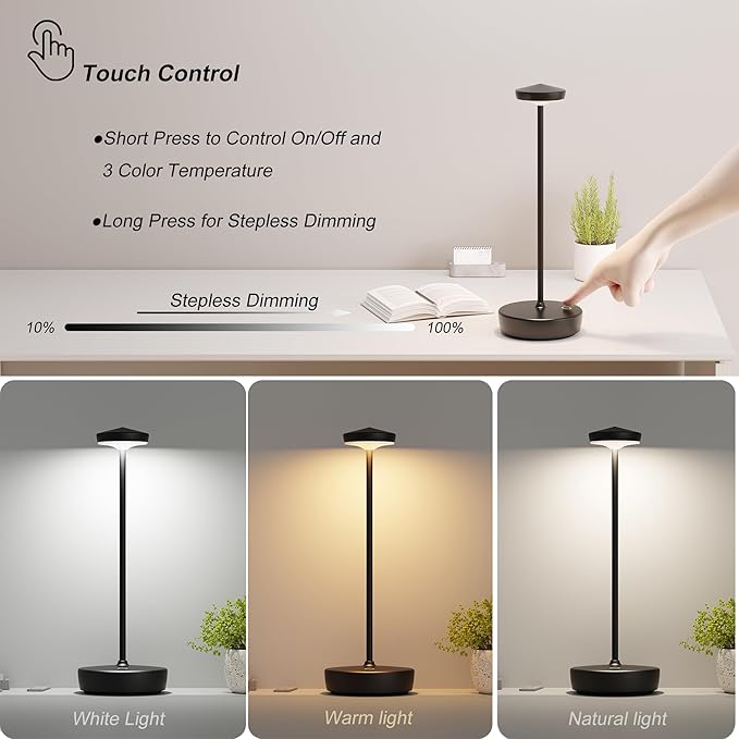 Cordless Table Lamp Rechargeable 2Pack - LED Battery Table Light with 3 Color Temperatures, Stepless Dimming, Waterproof Aluminum for Indoor Outdoor, Patio, Restaurant, Dinner (Black)