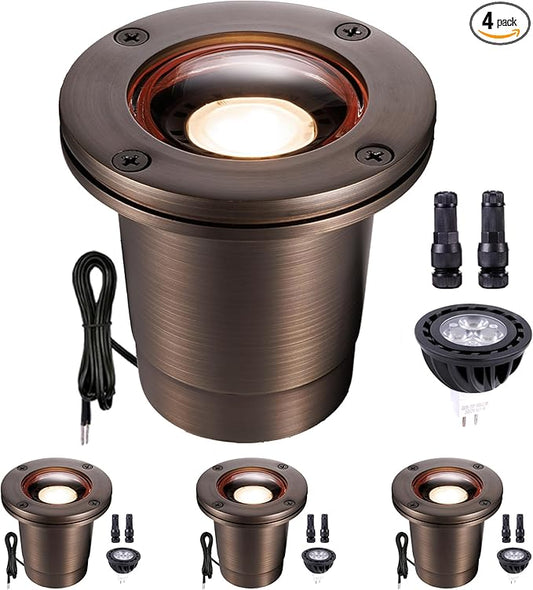 Gardenreet Brass In Ground Well Light - Ip67 Low Voltage Outdoor Light, 12V LED Landscape Lighting, Antique Bronze for Walkway Garden Lawn with 2700K Warm White MR16 Bulb (4 Pack)