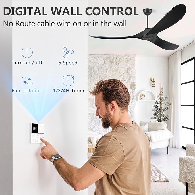 60 Inch Ceiling Fans Without Light, Solid Wood Ceiling Fan with Remote Control and Quiet DC Motor, Ceiling Fan no Light 3 Blades, Outdoor Ceiling Fans for Patios without Lights Matte Black