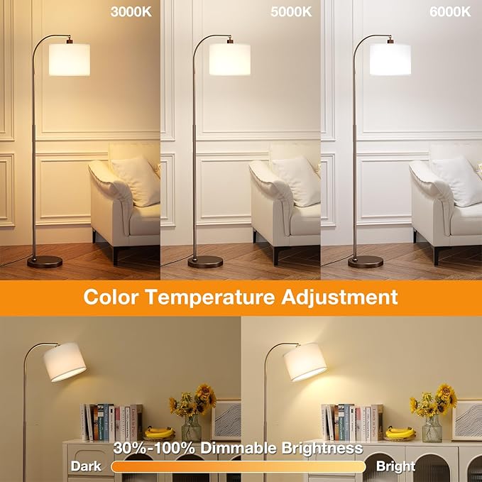Ambimall Arc Floor Lamp with Remote and Stepless Dimmable Bulb, Colors Temperature & Brightness Adjustable, Floor Lamps for Living Room（White Shade & Brown Pole）