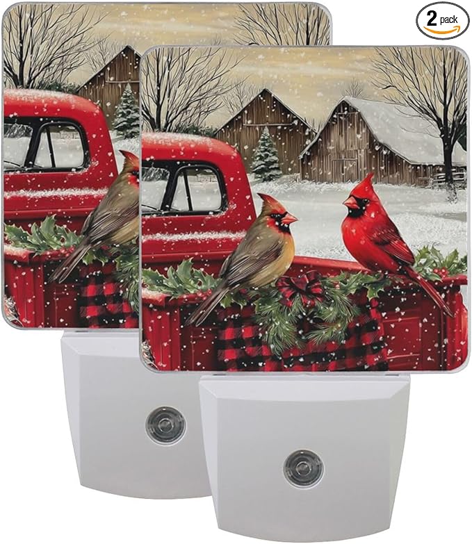 Christmas Red Truck Cardinal Night Light 2 Pack Dusk to Dawn Sensor Led Lamp for Women Men Night Lights Plug into Wall Decor for Bedroom Kitchen Bathroom Corridor, 0.5W