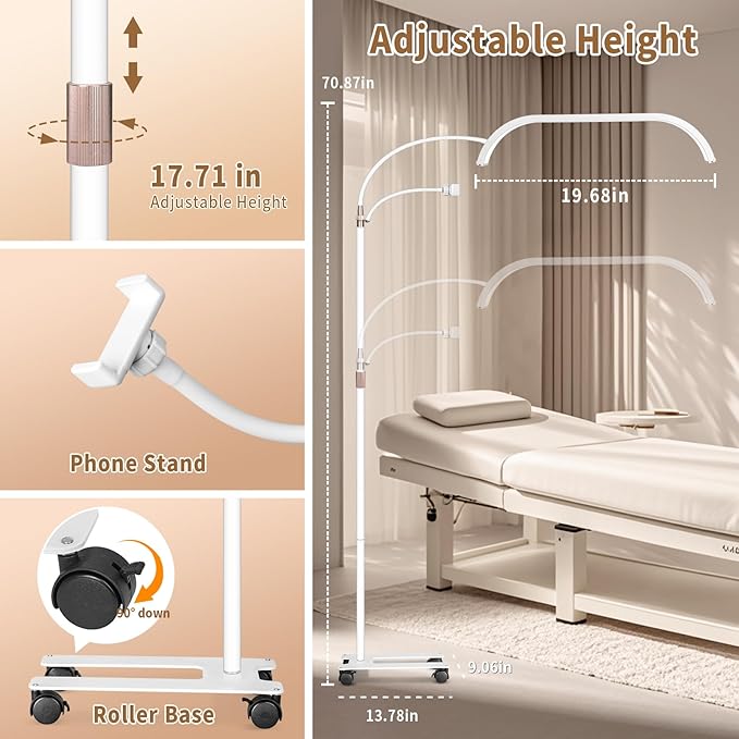 HITTI Estheticians Light, Flexible Gooseneck Lash Light for Eyelash Tech, LED Half Moon Light with Phone Holder, Stepless Dimming and 7 Color Modes Floor Lash Lamp for Tattoo Artists Nail Craft Beauty