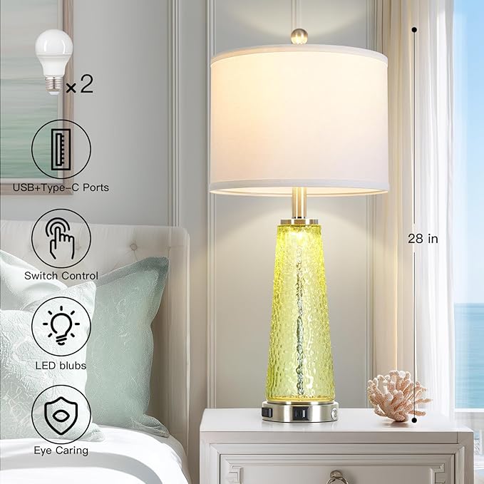 26" Gold Glass Table Lamps for Living Room Set of 2, Modern Bedside Lamp with USB A+C Ports & AC Outlet, Coastal Cracked Glass Nightstand Lamps with 2 LED Night Light for Bedroom End Table Amber Decor