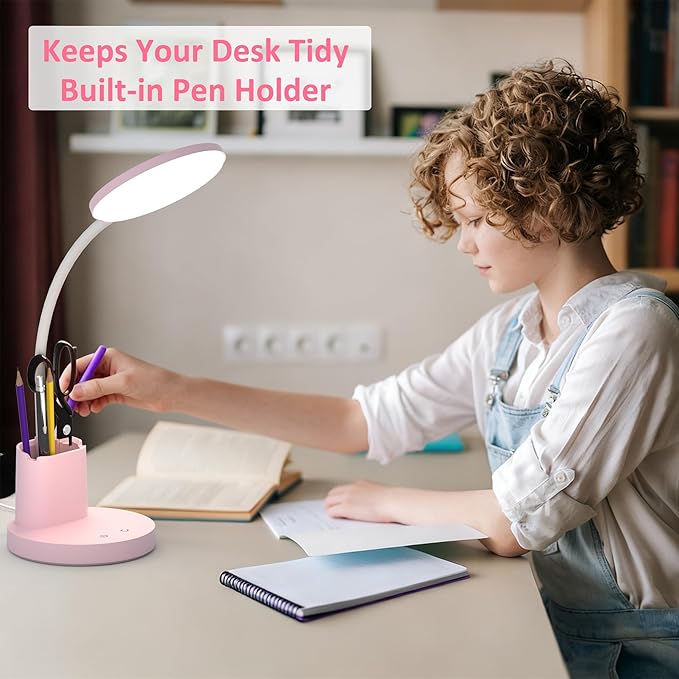 Desk Lamp, LED Desk Lamp for Home Office, Touch Table Lamp with 3 Color Modes 360° Adjustable Arm, Dimmable Desk Light with Pen Phone Holder, Pink
