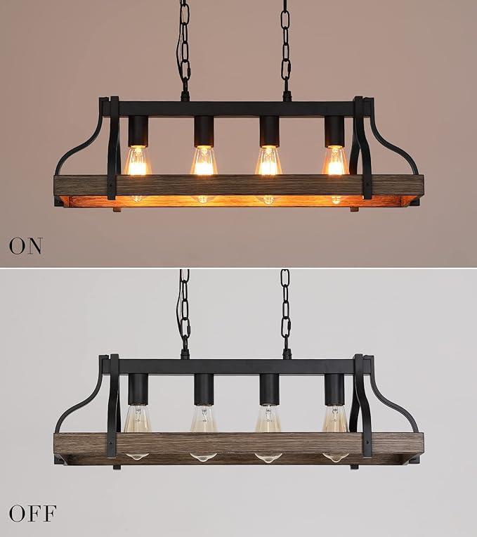 Rustic Kitchen Island Dining Room Light Fixture Farmhouse Linear Chandelier Black and Retro Wood Finish 4-Light Industrial Metal Hanging Pendant Light UL Listed L28.3 W10.6