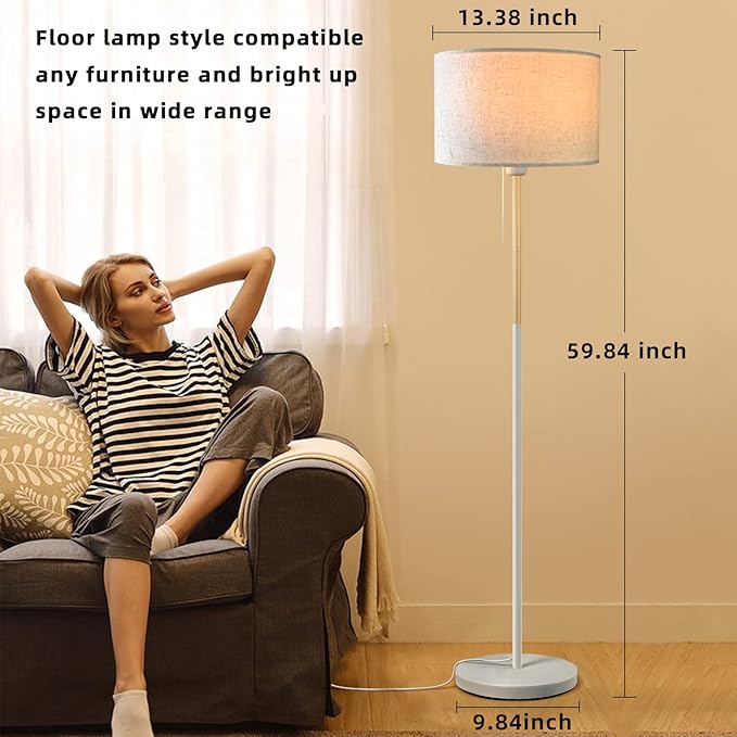 Bedroom Floor Lamp Farmhouse Floor Lamps for Living Room Mid-Century Pole Lamp Linen Lamp Shade, Standing Tall Lamps for Bedrooms and Office (White)