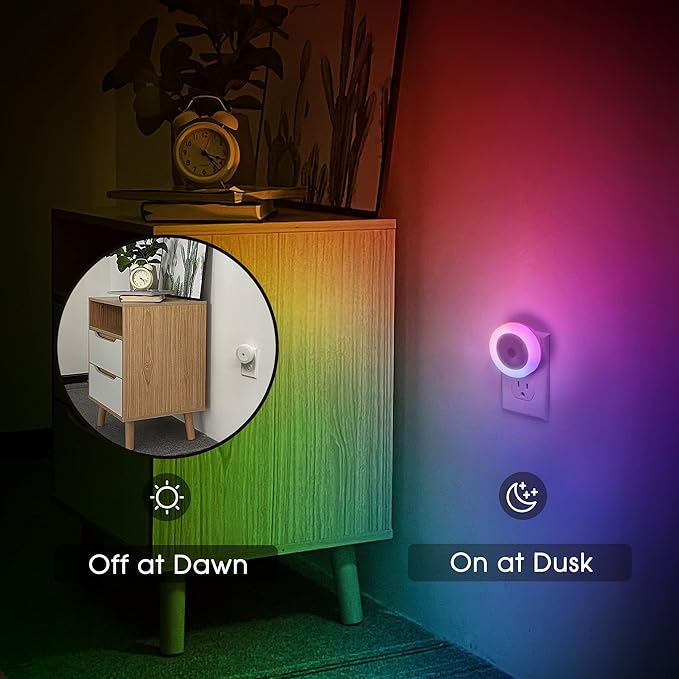 Briignite Kids Night Lights - Dynamic RGB Color Changing, 4 Pack with Light Sensors for Bedroom, Plug-in for Boys & Girls