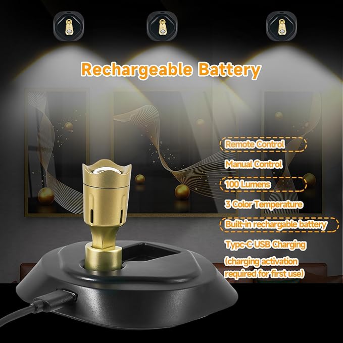 LED Spotlight with Remote, Battery Operated Picture Light Wall Lights Puck Light with Timer, Rechargeable Spot Lights with 3CTT, Dimmable Art Lights for Paintings,2 Pack