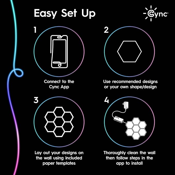 Cync GE Dynamic Effects Indoor Hexagon WiFi Smart LED Color Changing Lights, Wall Light Panels for Room Décor, Gaming Setup, Music Sync LED Wall Art, Works with Alexa and Google, 5 Panels
