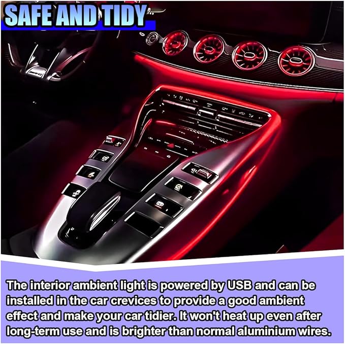 EL Wire Car Interior LED Strip Lights, 5V 16FT Neon Light Strip with Sewing Edge, USB Electroluminescent Car Interior Lights with Fuse Protection, Vehicle Ambient Lighting Decorations (Red)