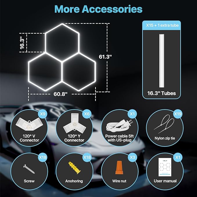 HYPERLITE Gen 2 Hexagon Garage LED Light, Upgraded 3 Level Dimmable 105W 10500LM Super Bright Garage Detailing Lights, 3 Grids Hex Shop Light, Hexagon LED Lights for Basement, Gym, Shop