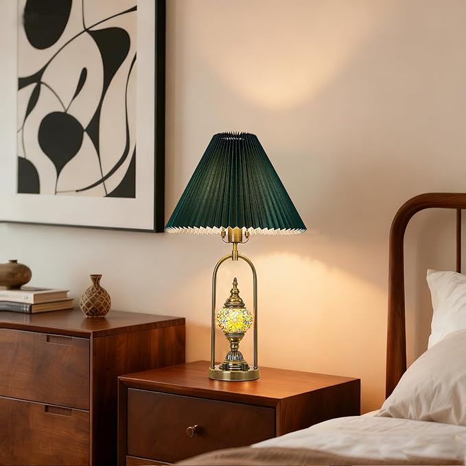 beaysyty Vintage Mosaic Table Lamp Set of 2, 25.2 Inch Decorative Bedside Lamps with Pleated Shade, USB Charging Ports, Colored Glass Globe Night Light, Bronze Gold Finish and Green lampshade
