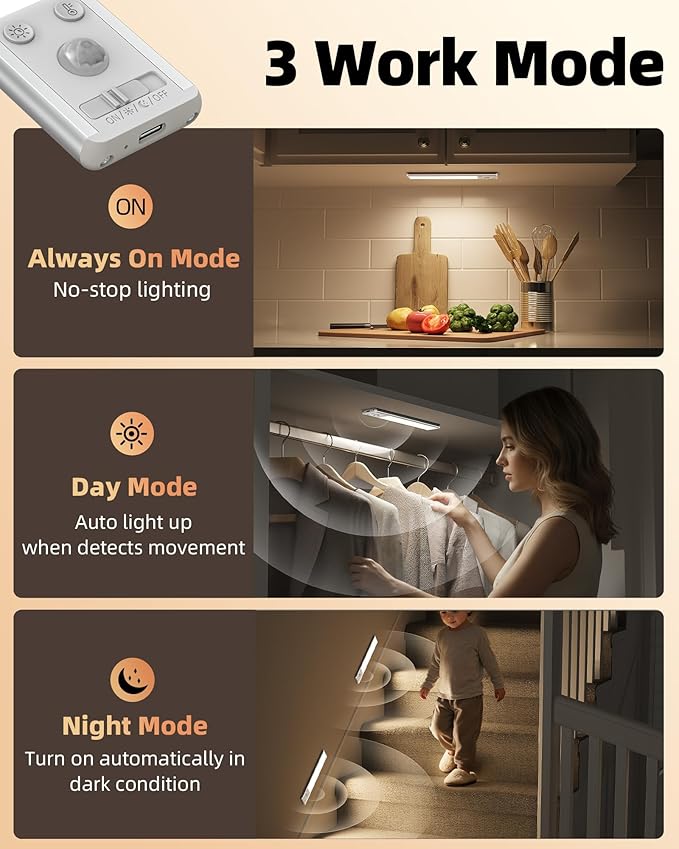 EZVALO 8" Under Cabinet Lighting, 2400mAh USB-C Rechargeable Motion Sensor Light, 3 Color Temps, 5-Level Dimmable Magnetic Wireless Closet Lights for Kitchen, Pantry, Stairs (2 Pack)