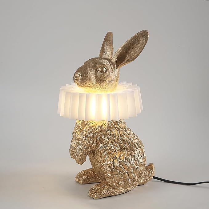 Scarf Rabbit Table Lamp,Resin Crafted Gold Bunny Lamp Featuring White Pleated PC Lampshade,USB Plug,Energy-Efficient Nightstand Lamp (Gold Standing)