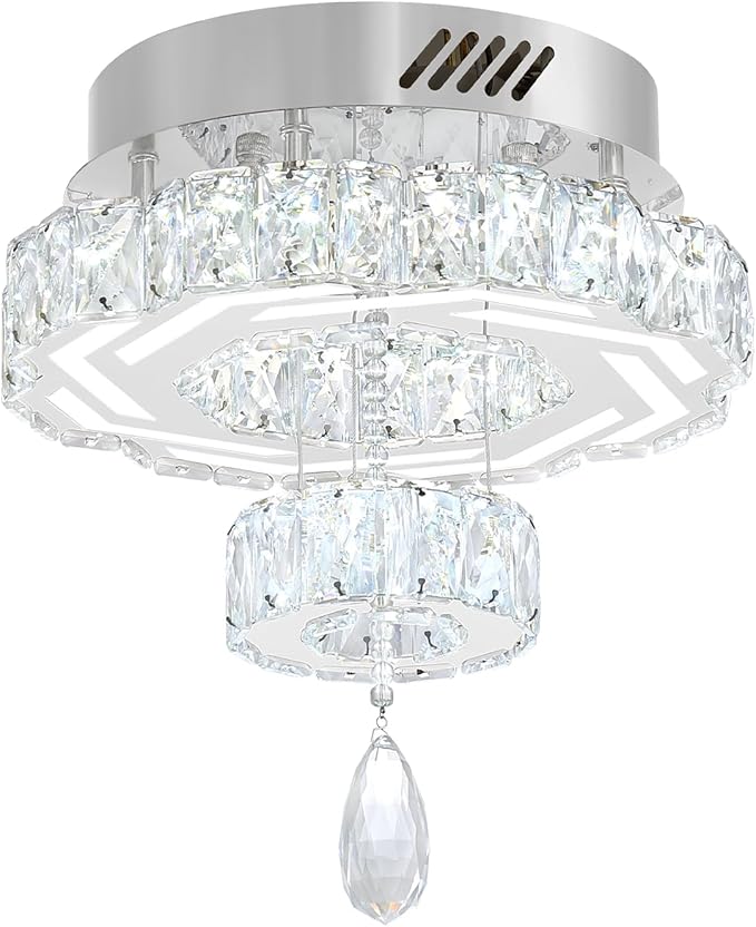 Flashing God 12" Modern Crystal Chandeliers Silver Flush Mount Ceiling Chandelier Mini Chandelier for Hallway LED Dimmable Crystal Pendant Light for Dining Room Living Room Bedroom
