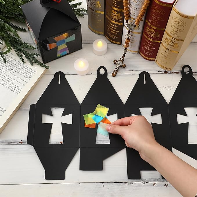 12 Sets Easter Crafts Religious Cross Crafts with LED Candle Light DIY Christian Cross Lantern Tissue Paper Kits Religious Hanging Ornament for Church Sunday School VBS Activities