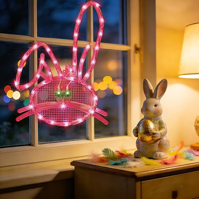 17" 40LED Lighted Pink Bunny Easter Decor, Soft Warm Glow for Window, 120V Plug-in, UL Certified, Beautiful Gift Box Packed