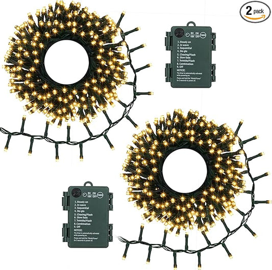 2 Pack String Lights Battery Operated, Total 20Ft 400 LED Cluster String Lights with Timer 8 Modes Christmas Firecracker Lights Outdoor Waterproof for Tree Home Decor (Warm White)