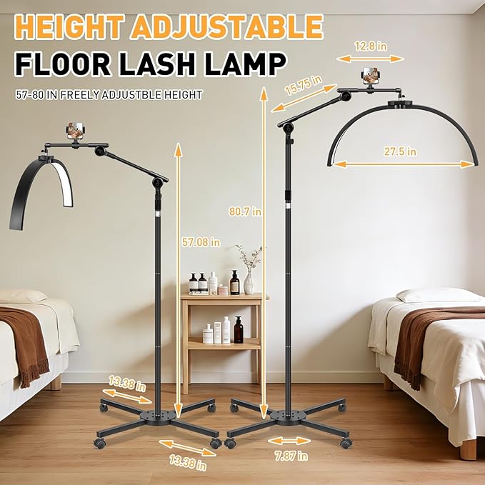 Half Moon Light for Eyelash Tech, 27.5” Ultra-Wide 45W Lash Light with 392 LEDs, Adjustable Height Esthetician Light with Phone Holder, Dimmable Tattoo & Nail Tech Lamp, Salon Lighting(Black