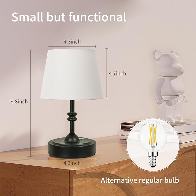 ONEWISH 2 Pack Small Cordless Lamp, Battery Operated Table lamp Dimmable, 4000mAh Rechargeable, Touch Bedside Lamp with White Fabric Shade, 2700K Bulb Included, for Dining, Patio, Bathroom(Black)