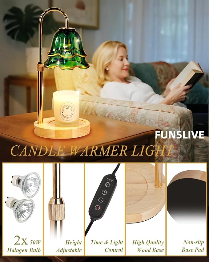 Flower Candle Warmer Lamp with Timer Dimmable Green, Adjustable Height Candle Warming Light, Wax Melt Warmer Candle Lamp for Jar Candles, Birthday Housewarming Gifts for Women Mom