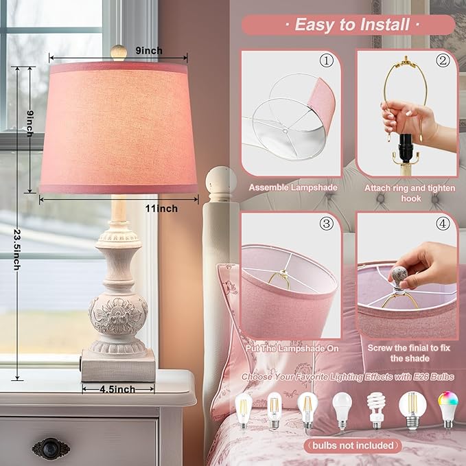 Set of 2 Pink Farmhouse Table Lamps 23.5" Vintage Nightstand Lamp with USB A+C Ports Antique Carved Floral Base & Pull Chain for Bedside, Living Room, Girls Bedroom, Dorm (Bulb Not Included)