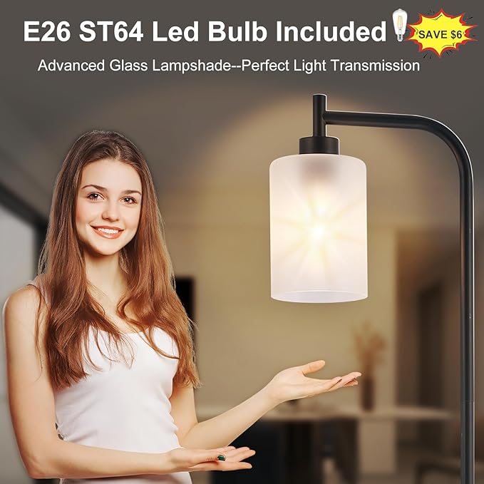 DLLT Floor Lamp Tall for Room: Black Standing Lamp with Frosted Glass Lampshade for Living Room - Modern Bright Lamp for Bedroom - Industrial Corner Floor Lamps for Office 8W Led Bulb Included