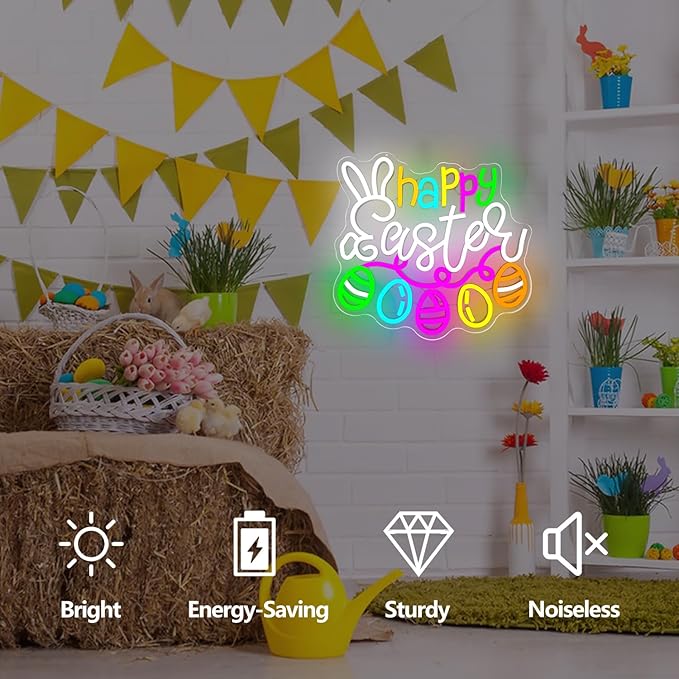 Happy Easter Neon Sign Dimmable Flashing Easter Eggs Led Sign Bunny Shape Spring Neon Light Multicolor Eggs Neon Window Lights for Party Home Decor