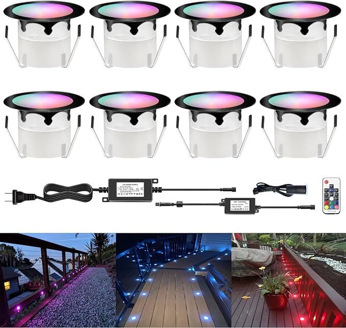 LED Outdoor Deck Lights with Photocell, RGB Φ1.77in Low Voltage 12V DC IP67 Waterproof, Remote Dimmable Multi Color Change, Electric Wired Recessed Stair Step Landscape Lighting, 8 Pack Black