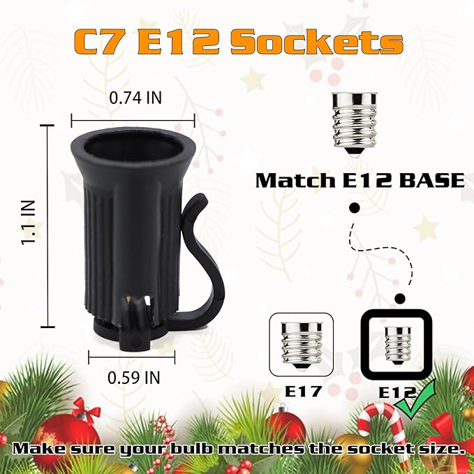250FT C7 Light String Christmas Stringer, E12 Christmas Sockets 12" Spacing, C7 Stringer Set Green Outdoor String Light for Wedding Patio Event Lighting Decor, Black Wire