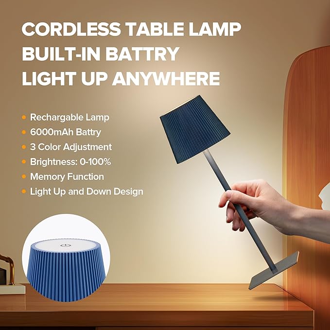 LUTEC 2 Pack Cordless Table Lamp,6000mAh Rechargeable Battery Operated Desk Lamp,Two Adjustable Heights,Waterproof, Touch Control & 3 Color Stepless Dimming for Restaurant/Bedroom/Bars/Outdoor (Blue)
