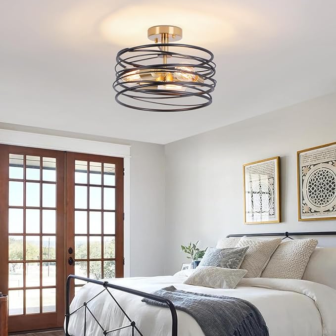 Black Rustic Drum Semi Flush Ceiling Light with 3-Light Brass Base, Modern Gold Farmhouse Chandeliers Metal Cage for Dining Room, Industrial Pendant Light for Entryway Kitchen Foyer Bedroom