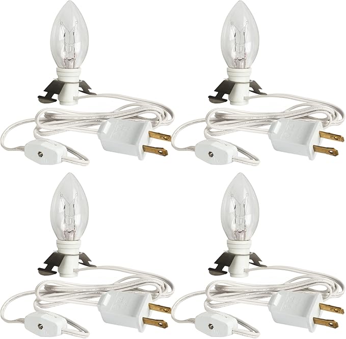 Dazzle Bright 4 Pack 6 FT Accessory Cord with Incandescent Light Bulb E12 Socket White Cord with On/Off Switch Plug, C7 Candelabra Light Bulbs for Holiday Decorations, Christmas Village House