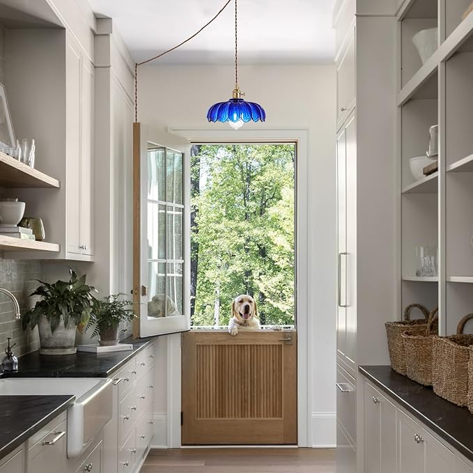 Plug in Pendant Light: Bule Hanging Light Plug in Fixture Hanging Lamp, Glass Pendant Lighting for Kitchen Island, Bedroom, Dining Room, Living Room, E26 No Bulb