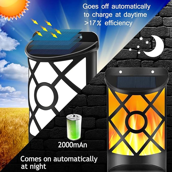 Aityvert Solar Flame Lights Outdoor, Waterproof Flickering Flame Solar Light Dark Sensor Auto On/Off 66 LED Solar Powered Wall Mounted Night Lights Lattice Design for Patio Deck Driveway