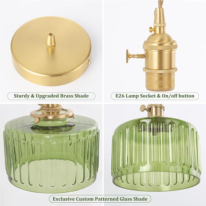 Pendant Light with Green Striped Glass Lmapshade, Brass Vintage Pendant Light Adjustable Hanging Light for Kitchen Island Dining Room Hallway