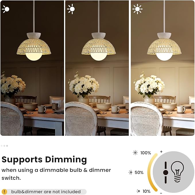 Pendant Light Kitchen Island - 11.8" Rattan Dining Room Light Fixtures over Table Hand-Woven Boho Pendant Light Fixtures with Milk Glass Globe, Adjustable Hanging Light for Bedroom Entryway Foyer