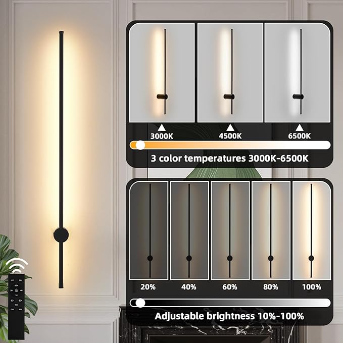 LED Wireless Wall Sconce with Remote Control, Dimmable/350° Rotate/Timing/USB Rechargeable Battery Powered Indoor Wall Lamps, 39.9 inch Black Wall Lights Set of Two for Hallway, Living Room, Bedroom